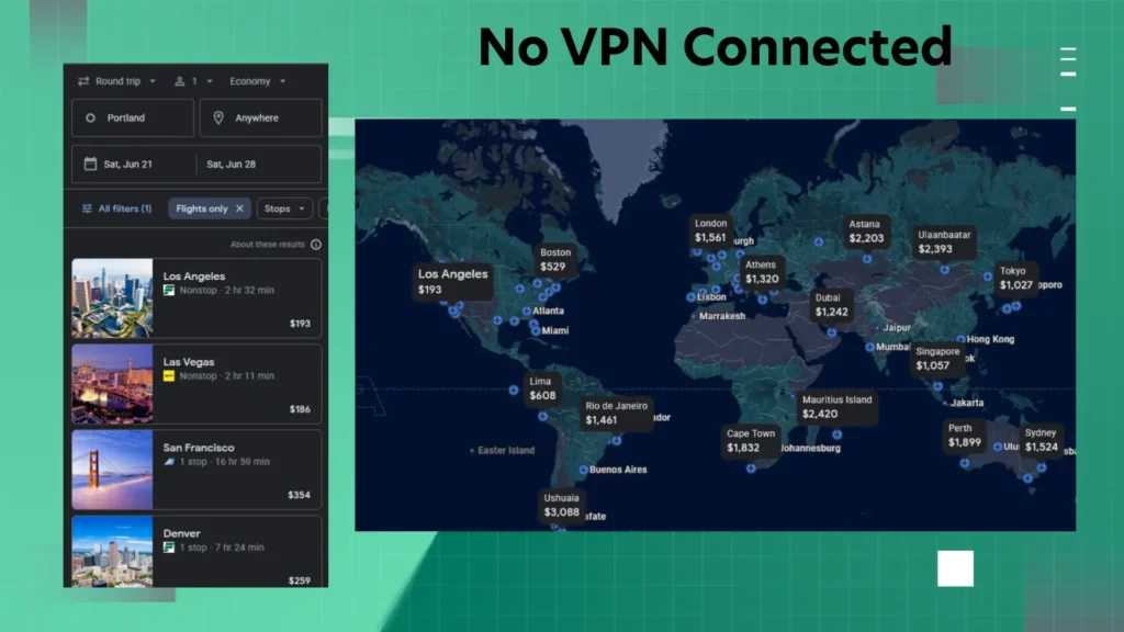 Google Flights showing different prices depending on the region selected, illustrating how a VPN can reveal cheaper fares