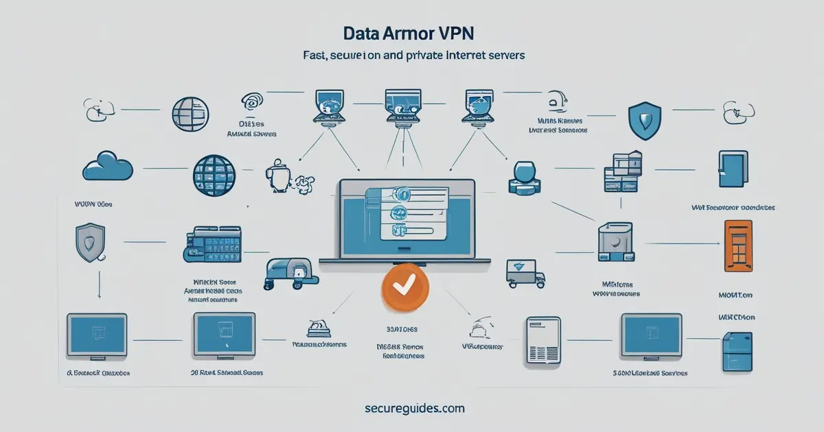 Data Armor VPN protocol selection screen showing WireGuard OpenVPN and IKEv2 options with speed indicators
