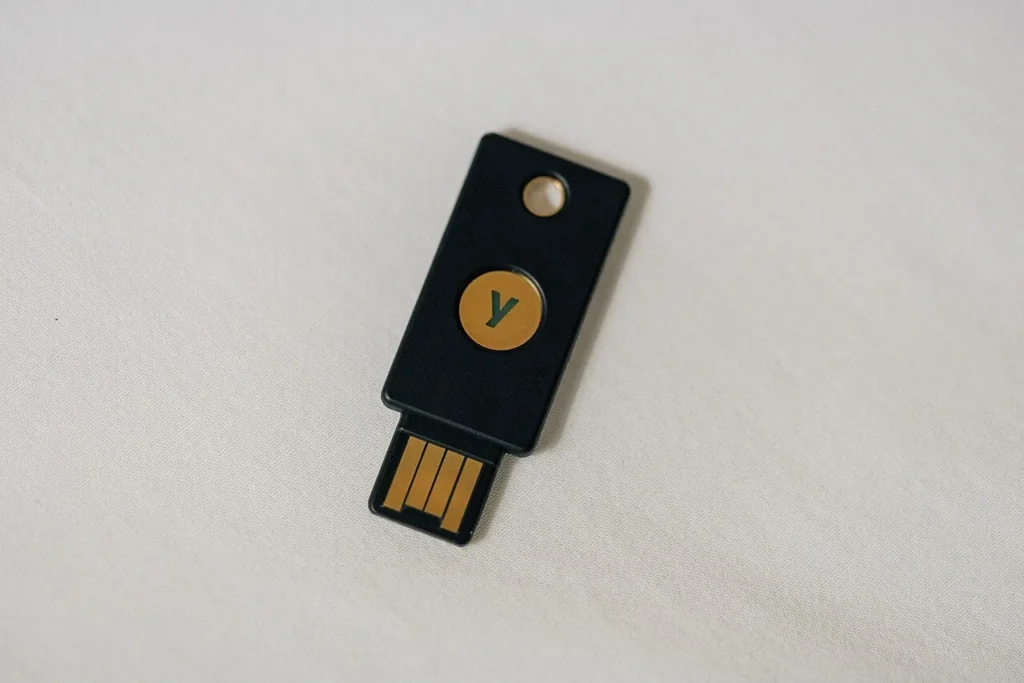 Two-factor authentication guide — a USB hardware security key used for 2FA