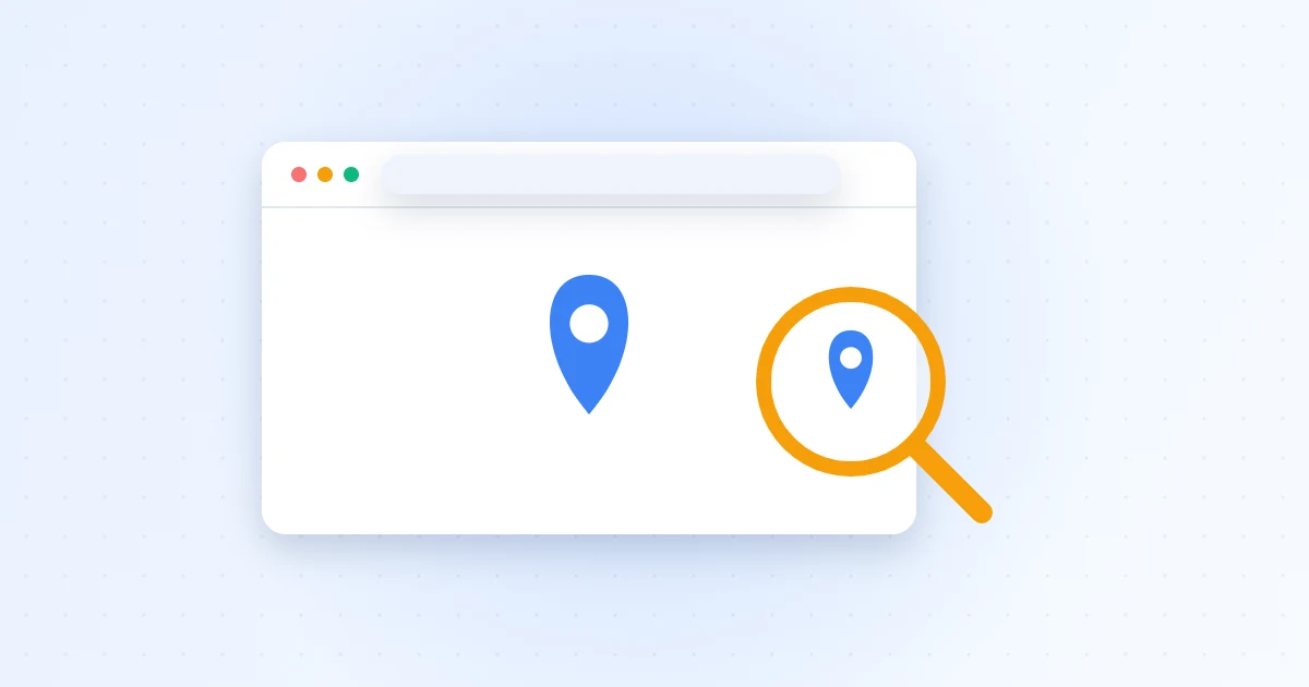 Browser window with a location pin and a magnifying glass