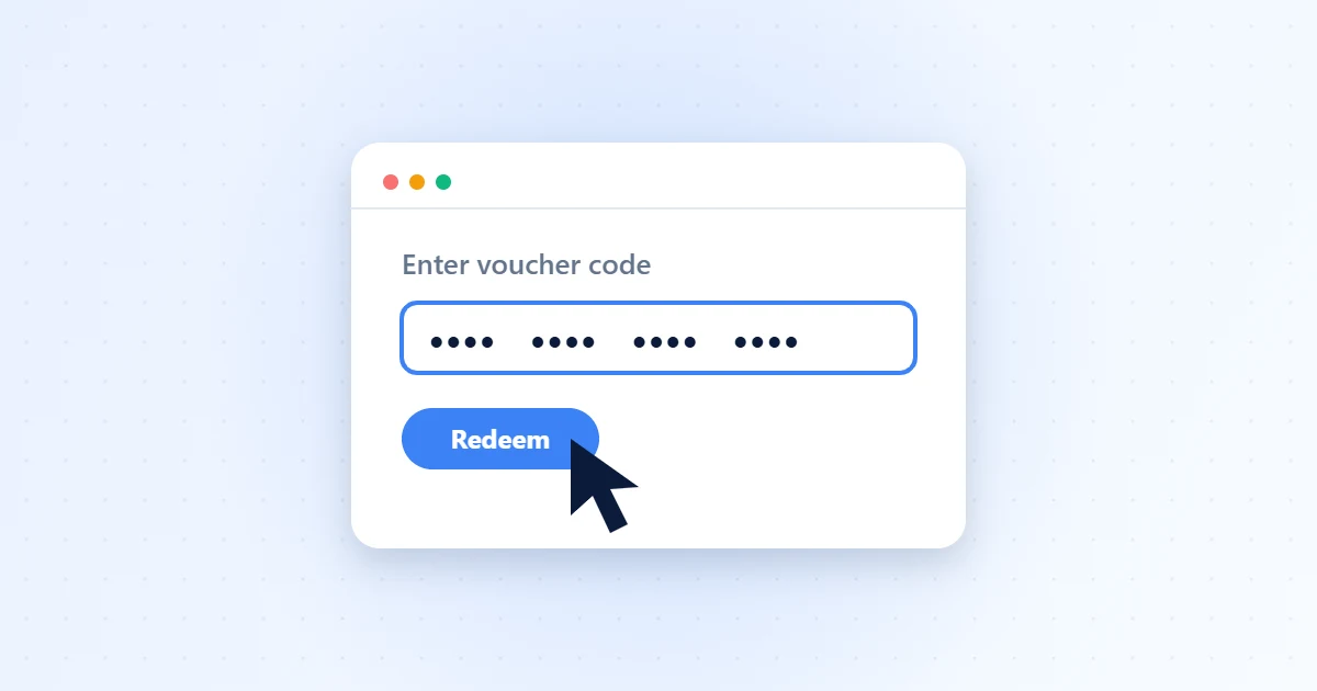Illustration of a VPN app screen with a voucher code field and a Redeem button