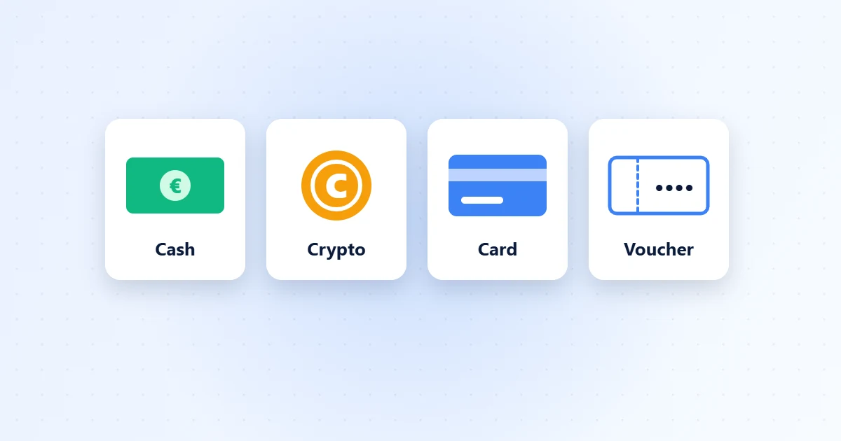 Four payment options side by side: cash, crypto, card and voucher