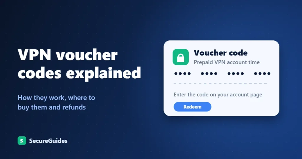 Illustration of a prepaid VPN voucher card with a masked code and a Redeem button