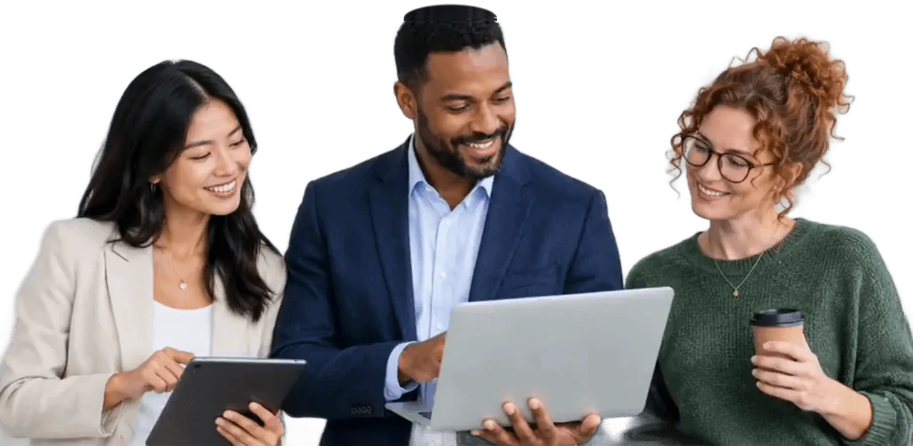 Three colleagues comparing VPN options on a laptop and tablet