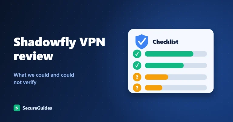 Checklist graphic with verified and unverified items for a Shadowfly VPN review